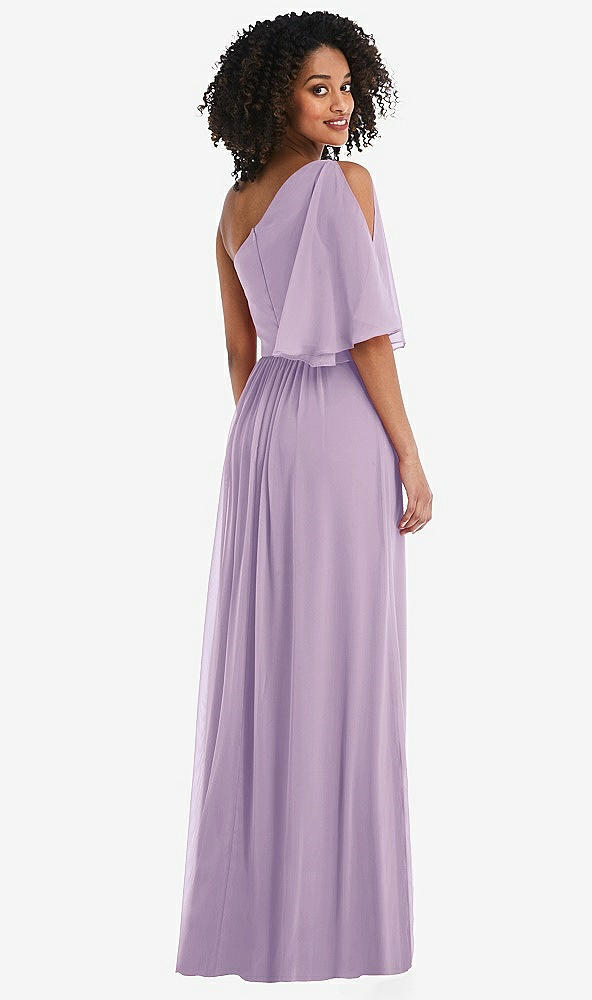 Back View - Pale Purple One-Shoulder Bell Sleeve Chiffon Maxi Dress