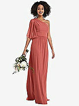 Alt View 1 Thumbnail - Coral Pink One-Shoulder Bell Sleeve Chiffon Maxi Dress