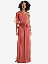 Front View Thumbnail - Coral Pink One-Shoulder Bell Sleeve Chiffon Maxi Dress