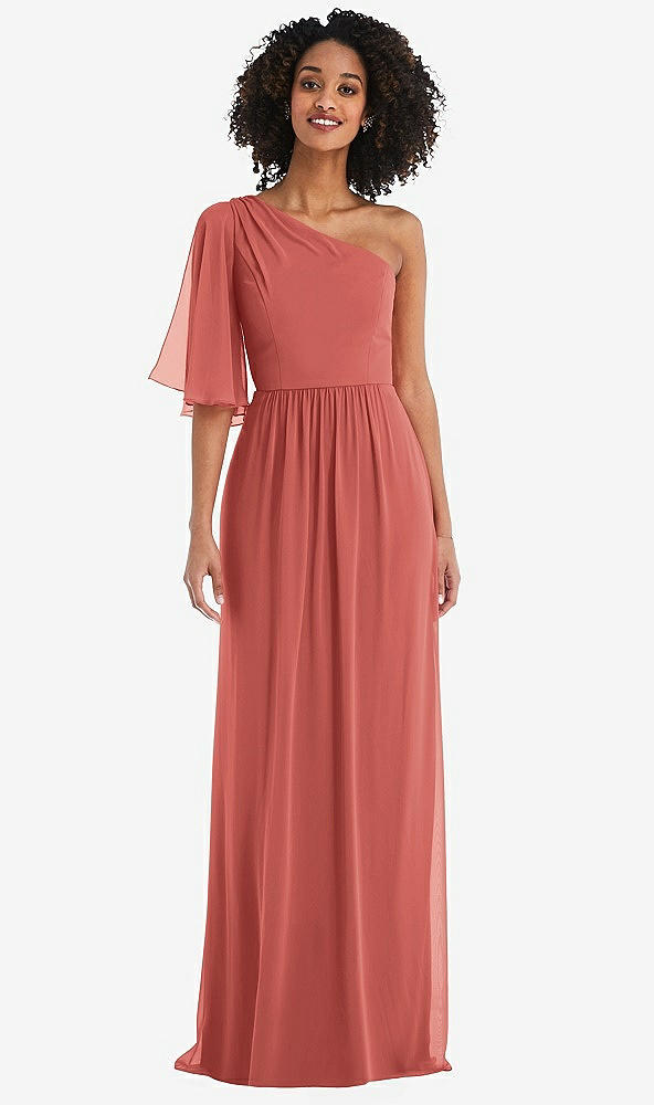 Front View - Coral Pink One-Shoulder Bell Sleeve Chiffon Maxi Dress