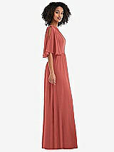 Side View Thumbnail - Coral Pink One-Shoulder Bell Sleeve Chiffon Maxi Dress