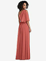 Rear View Thumbnail - Coral Pink One-Shoulder Bell Sleeve Chiffon Maxi Dress