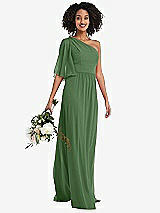 Alt View 1 Thumbnail - Vineyard Green One-Shoulder Bell Sleeve Chiffon Maxi Dress