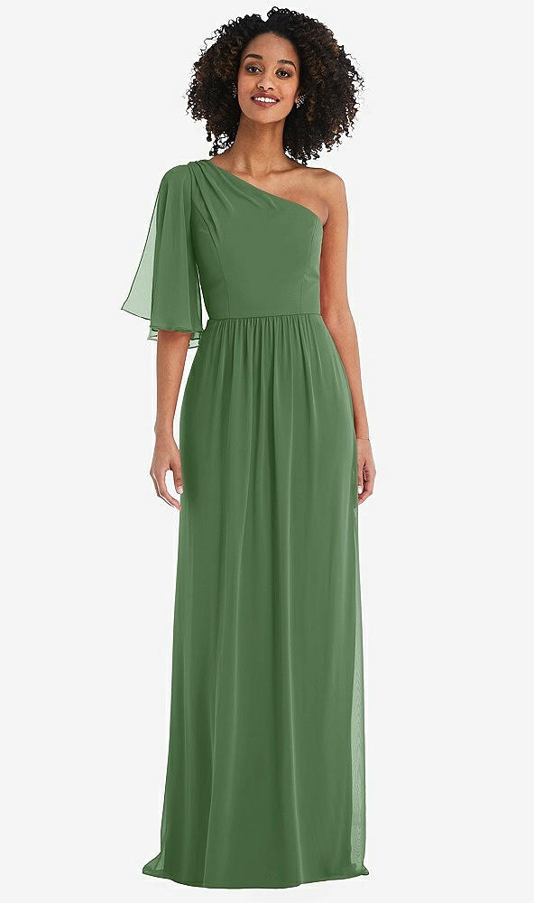 Front View - Vineyard Green One-Shoulder Bell Sleeve Chiffon Maxi Dress