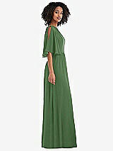Side View Thumbnail - Vineyard Green One-Shoulder Bell Sleeve Chiffon Maxi Dress