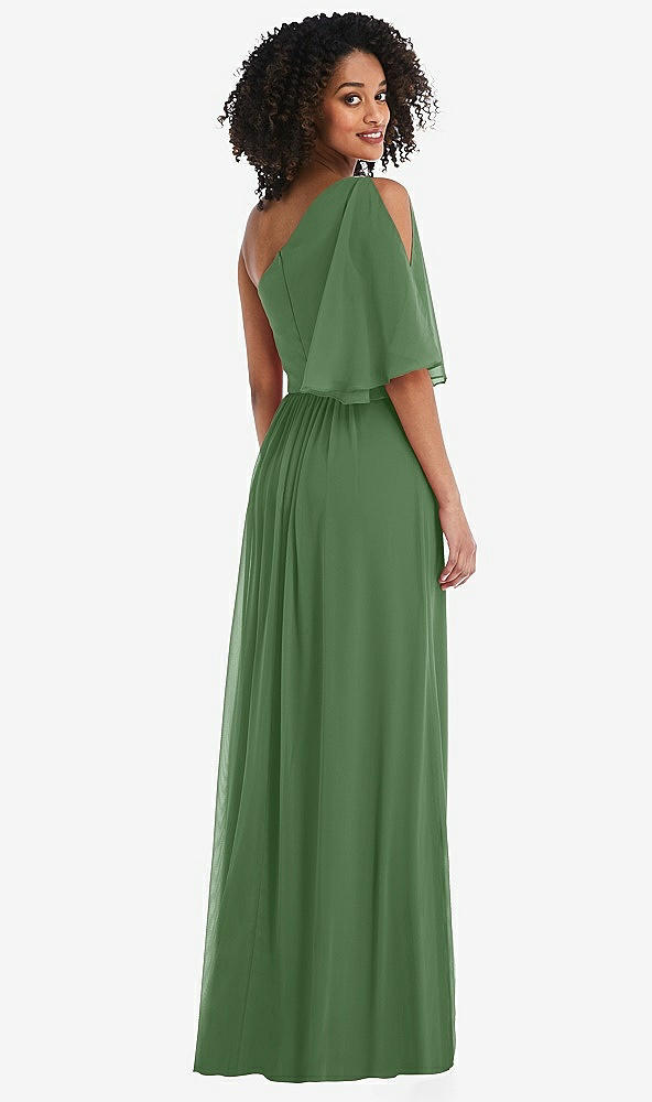 Back View - Vineyard Green One-Shoulder Bell Sleeve Chiffon Maxi Dress