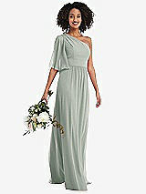 Alt View 1 Thumbnail - Willow Green One-Shoulder Bell Sleeve Chiffon Maxi Dress