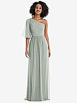 Front View Thumbnail - Willow Green One-Shoulder Bell Sleeve Chiffon Maxi Dress