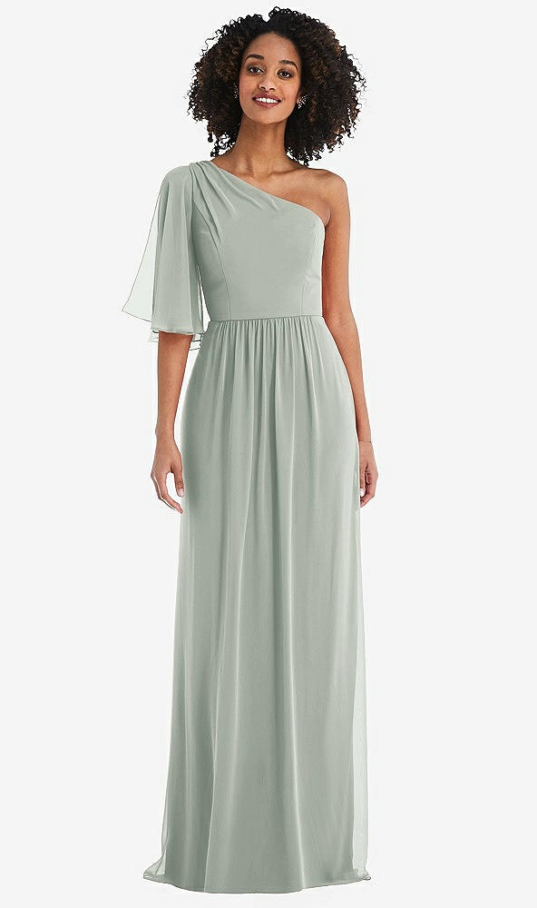 Front View - Willow Green One-Shoulder Bell Sleeve Chiffon Maxi Dress