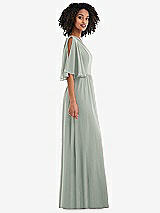 Side View Thumbnail - Willow Green One-Shoulder Bell Sleeve Chiffon Maxi Dress