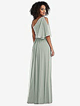Rear View Thumbnail - Willow Green One-Shoulder Bell Sleeve Chiffon Maxi Dress