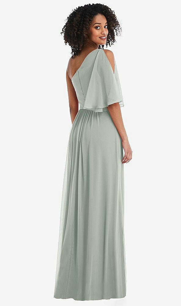 Back View - Willow Green One-Shoulder Bell Sleeve Chiffon Maxi Dress