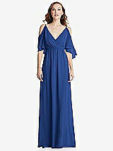 Front View Thumbnail - Classic Blue Convertible Cold-Shoulder Draped Wrap Maxi Dress