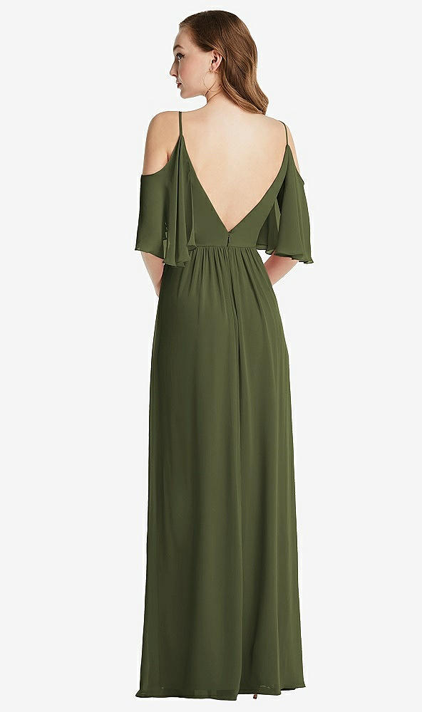 Back View - Olive Green Convertible Cold-Shoulder Draped Wrap Maxi Dress