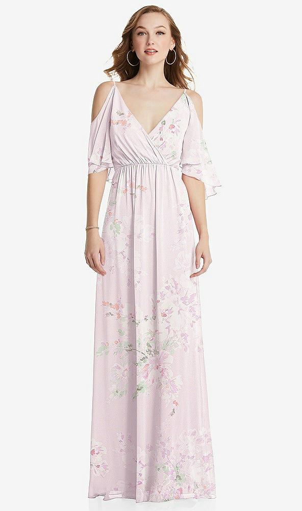 Front View - Watercolor Print Convertible Cold-Shoulder Draped Wrap Maxi Dress