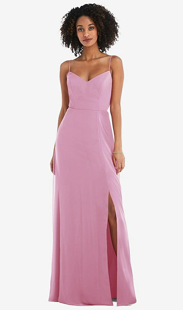 Front View - Powder Pink Tie-Back Cutout Maxi Dress with Front Slit