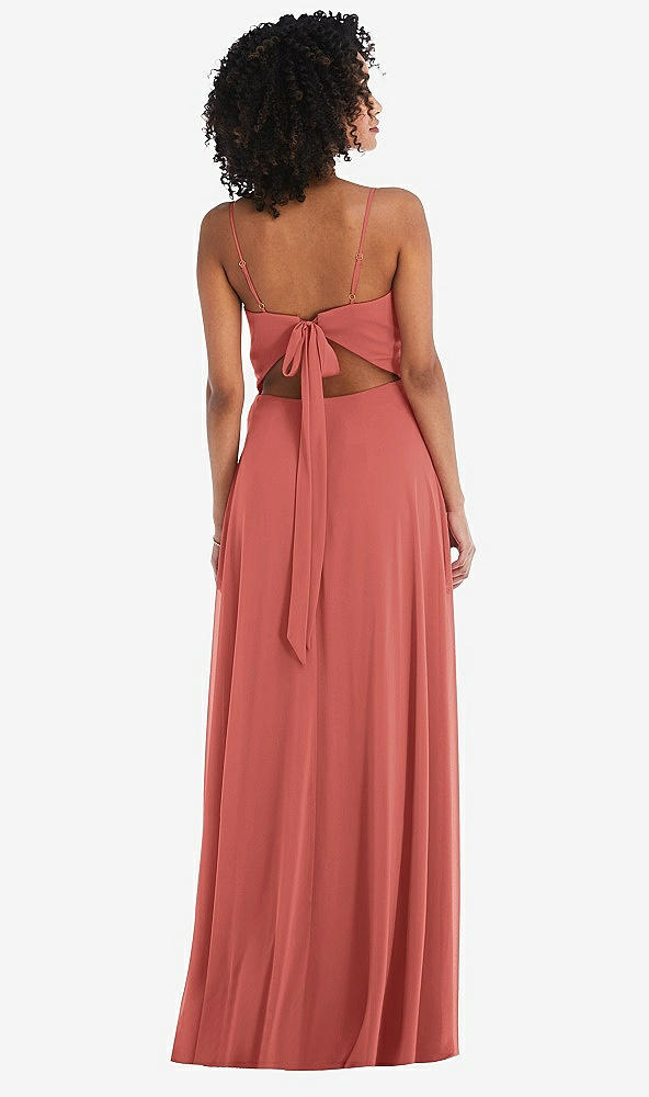 Back View - Coral Pink Tie-Back Cutout Maxi Dress with Front Slit