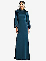Front View Thumbnail - Atlantic Blue High Collar Puff Sleeve Trumpet Gown - Darby