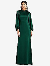 Front View Thumbnail - Hunter Green High Collar Puff Sleeve Trumpet Gown - Darby