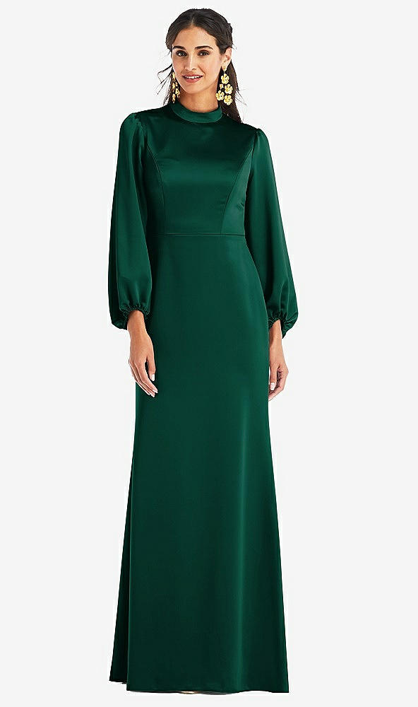 Front View - Hunter Green High Collar Puff Sleeve Trumpet Gown - Darby