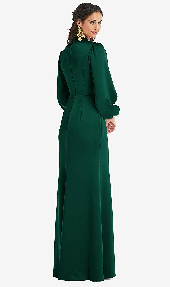 Back View - Hunter Green High Collar Puff Sleeve Trumpet Gown - Darby