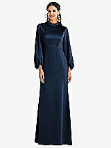Front View Thumbnail - Midnight Navy High Collar Puff Sleeve Trumpet Gown - Darby