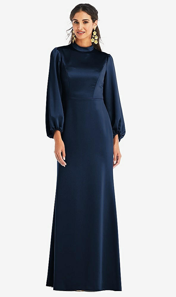 Front View - Midnight Navy High Collar Puff Sleeve Trumpet Gown - Darby