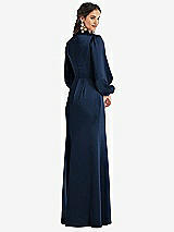 Rear View Thumbnail - Midnight Navy High Collar Puff Sleeve Trumpet Gown - Darby