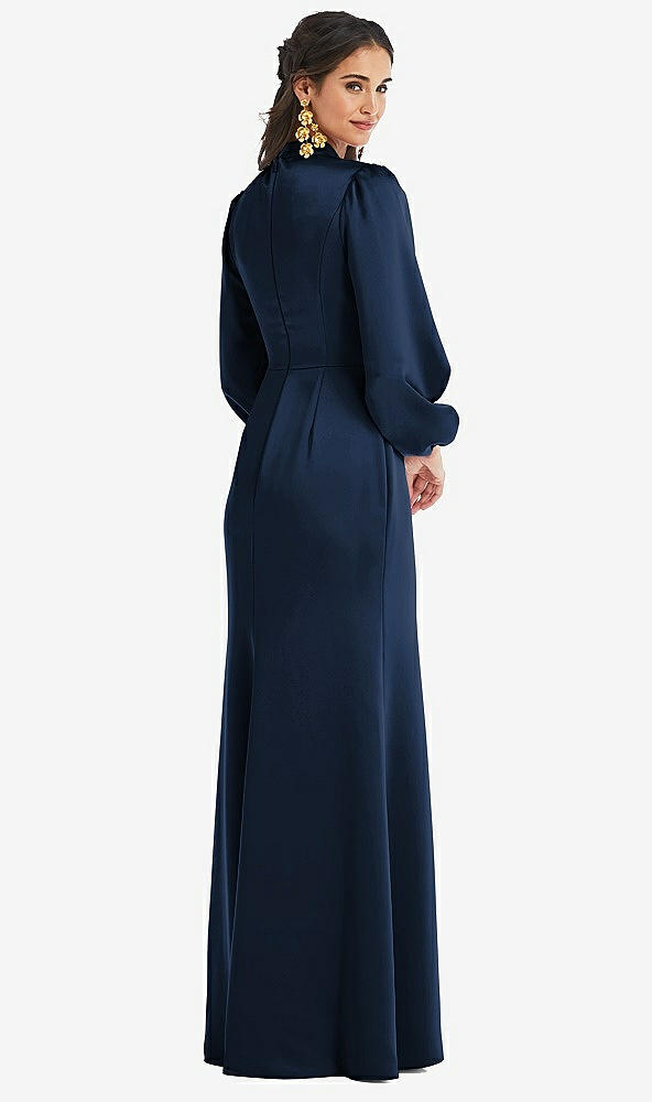 Back View - Midnight Navy High Collar Puff Sleeve Trumpet Gown - Darby