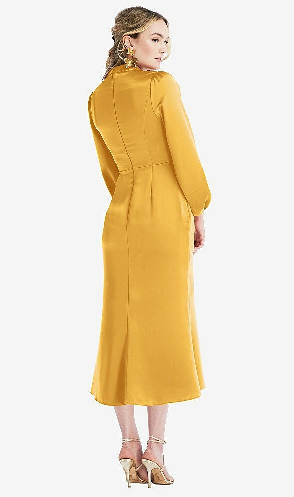 Back View - NYC Yellow High Collar Puff Sleeve Midi Dress - Bronwyn