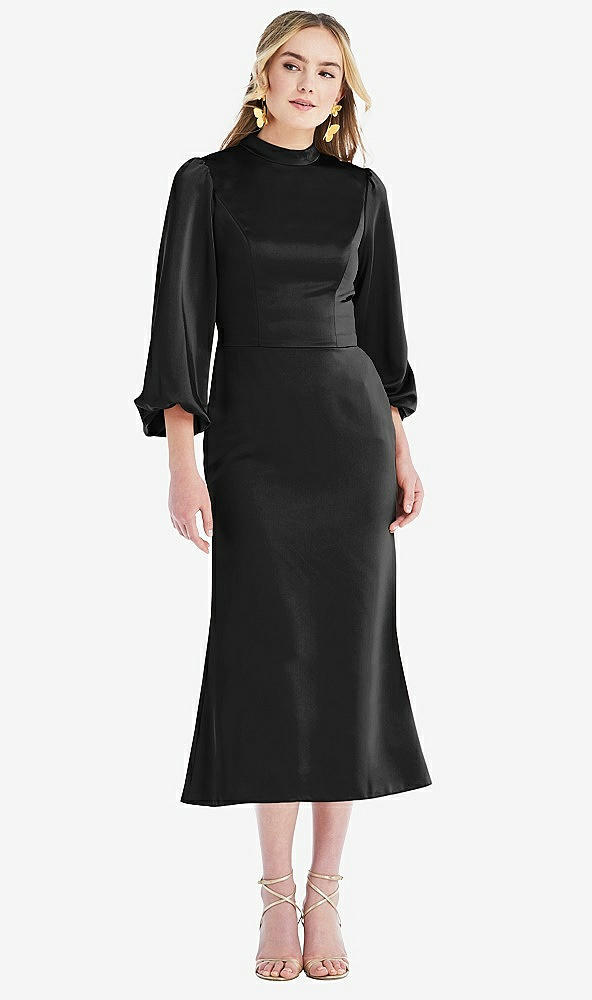 Front View - Black High Collar Puff Sleeve Midi Dress - Bronwyn