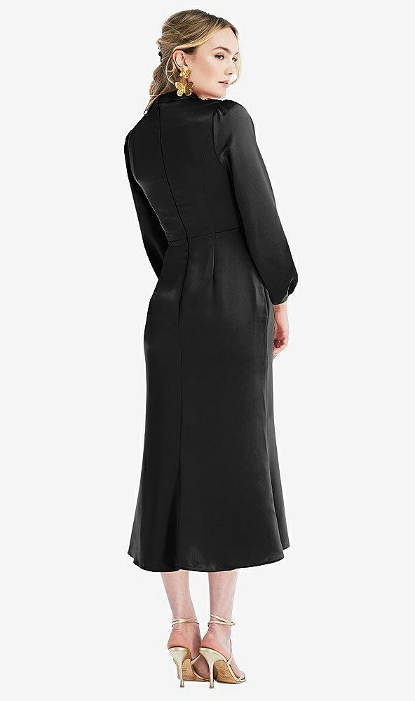 Back View - Black High Collar Puff Sleeve Midi Dress - Bronwyn