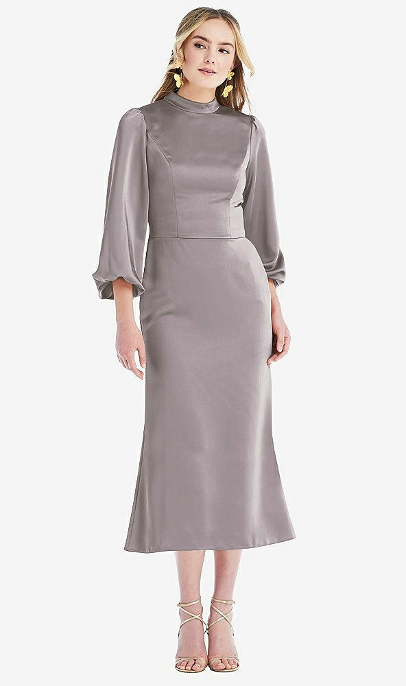 Front View - Cashmere Gray High Collar Puff Sleeve Midi Dress - Bronwyn