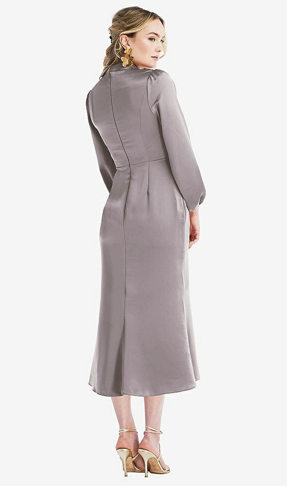 Back View - Cashmere Gray High Collar Puff Sleeve Midi Dress - Bronwyn