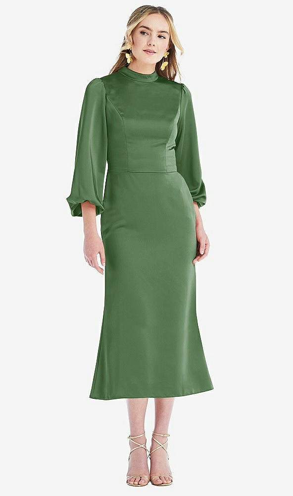 Front View - Vineyard Green High Collar Puff Sleeve Midi Dress - Bronwyn