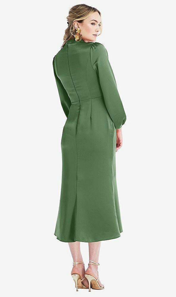 Back View - Vineyard Green High Collar Puff Sleeve Midi Dress - Bronwyn