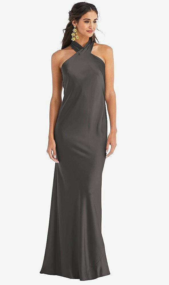 Front View - Caviar Gray Draped Twist Halter Tie-Back Trumpet Gown