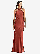 Front View Thumbnail - Amber Sunset Draped Twist Halter Tie-Back Trumpet Gown