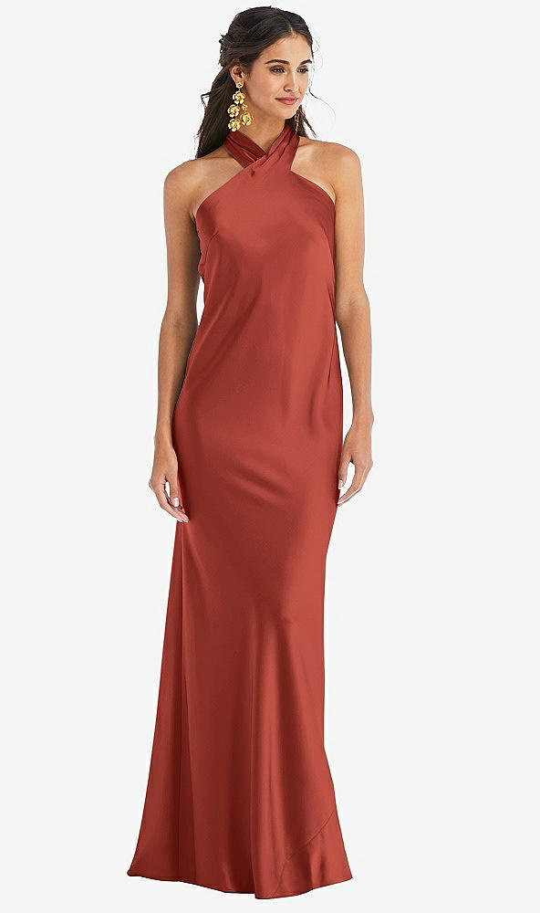 Front View - Amber Sunset Draped Twist Halter Tie-Back Trumpet Gown