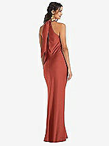 Rear View Thumbnail - Amber Sunset Draped Twist Halter Tie-Back Trumpet Gown