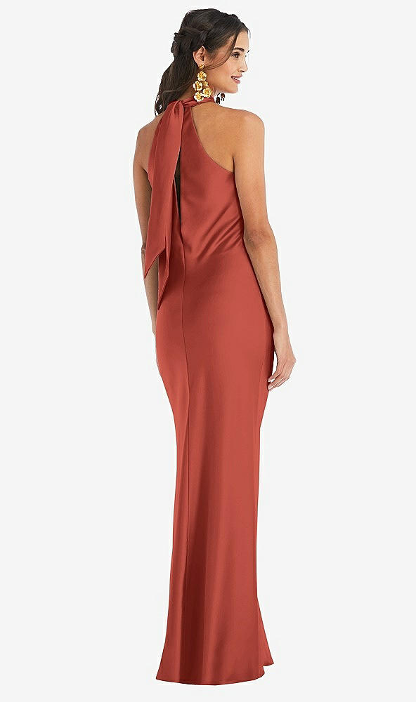 Back View - Amber Sunset Draped Twist Halter Tie-Back Trumpet Gown
