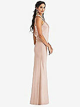Side View Thumbnail - Cameo Draped Twist Halter Tie-Back Trumpet Gown