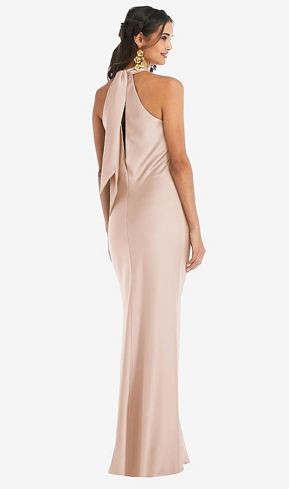 Back View - Cameo Draped Twist Halter Tie-Back Trumpet Gown