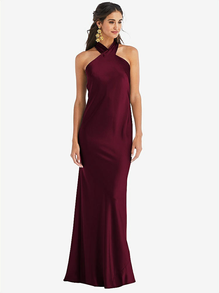 Scarf Tie High-neck Halter Maxi Slip Bridesmaid Dress In Cabernet