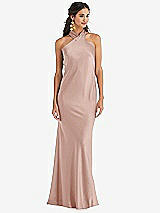 Front View Thumbnail - Toasted Sugar Draped Twist Halter Tie-Back Trumpet Gown