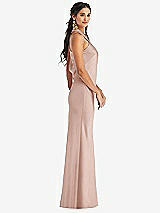 Side View Thumbnail - Toasted Sugar Draped Twist Halter Tie-Back Trumpet Gown