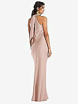 Rear View Thumbnail - Toasted Sugar Draped Twist Halter Tie-Back Trumpet Gown