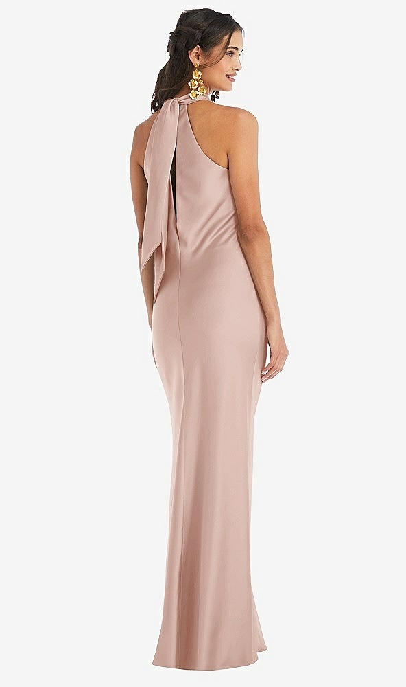 Back View - Toasted Sugar Draped Twist Halter Tie-Back Trumpet Gown