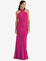 Front View Thumbnail - Think Pink Draped Twist Halter Tie-Back Trumpet Gown