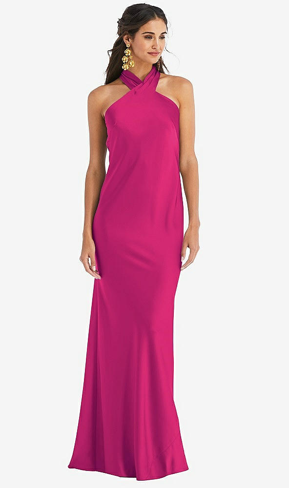 Front View - Think Pink Draped Twist Halter Tie-Back Trumpet Gown